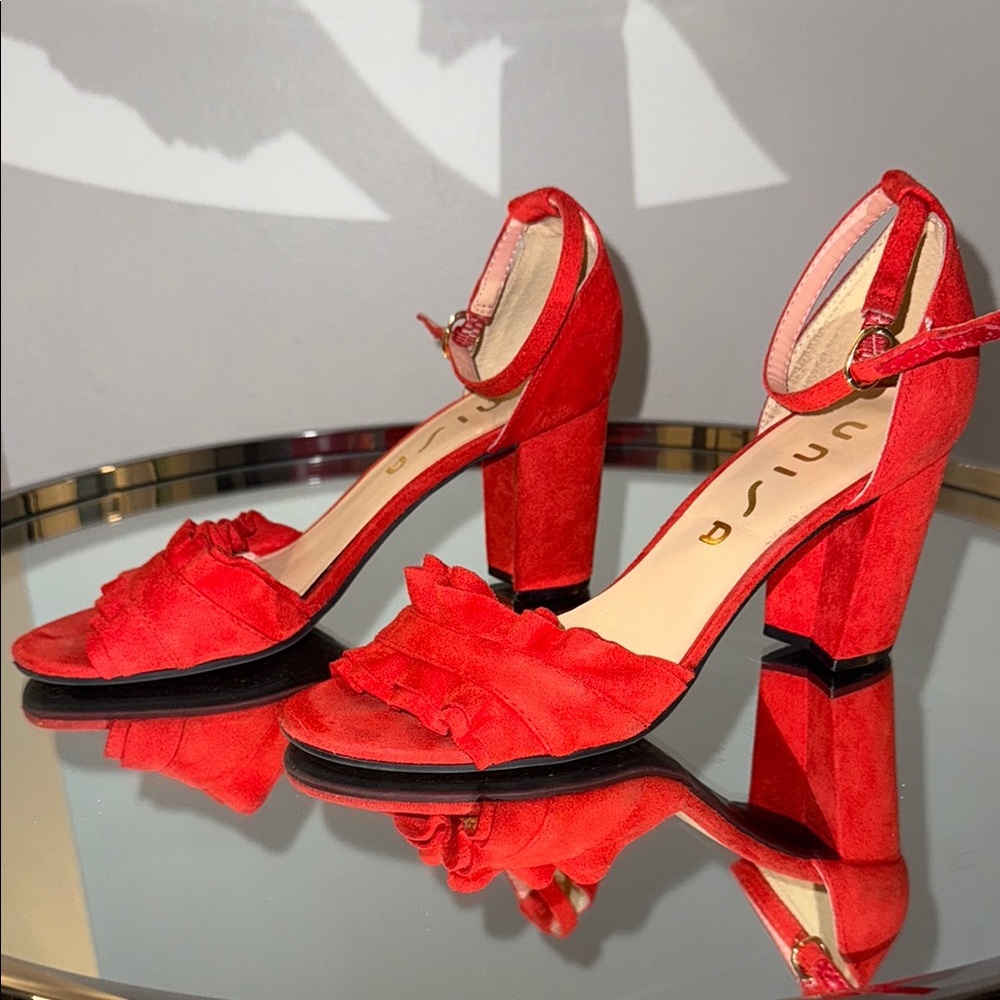 Unisa Red Block Heel Sandals with Ankle Strap